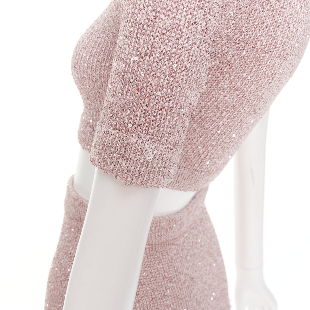 ALEXANDRE VAUTHIER Rose light pink sequin metallic lurex crop sweater mini skirt