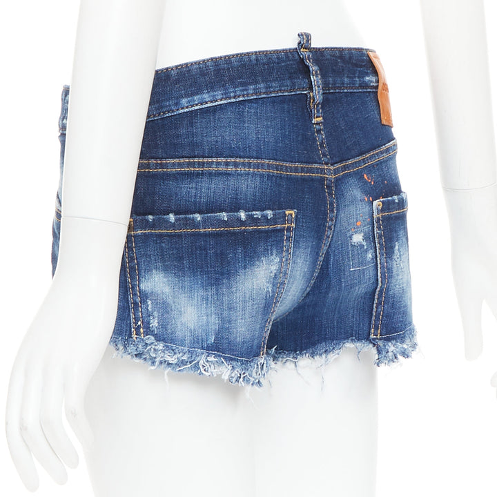 DSQUARED2 dark washed blue distressed painted denim cut off shorts IT38 XS