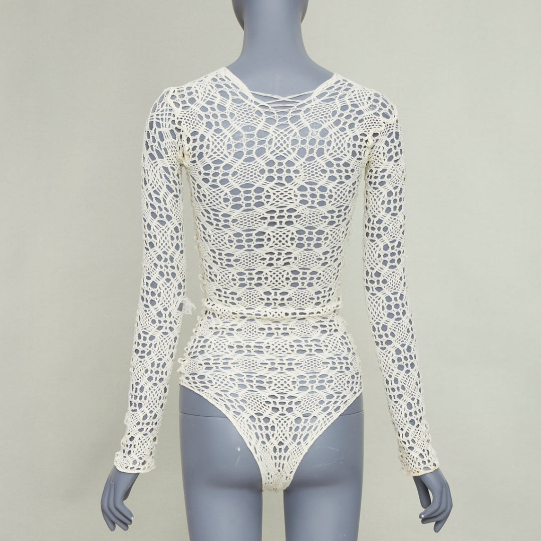 COMME DES GARCONS beige nylon braided crochet open knit mesh bodysuit leotard