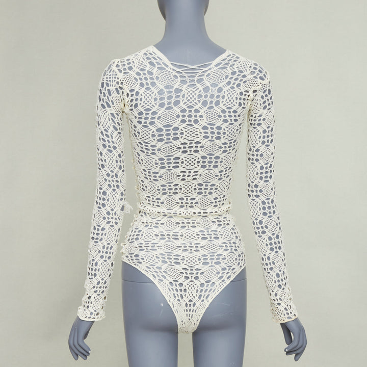COMME DES GARCONS beige nylon braided crochet open knit mesh bodysuit leotard