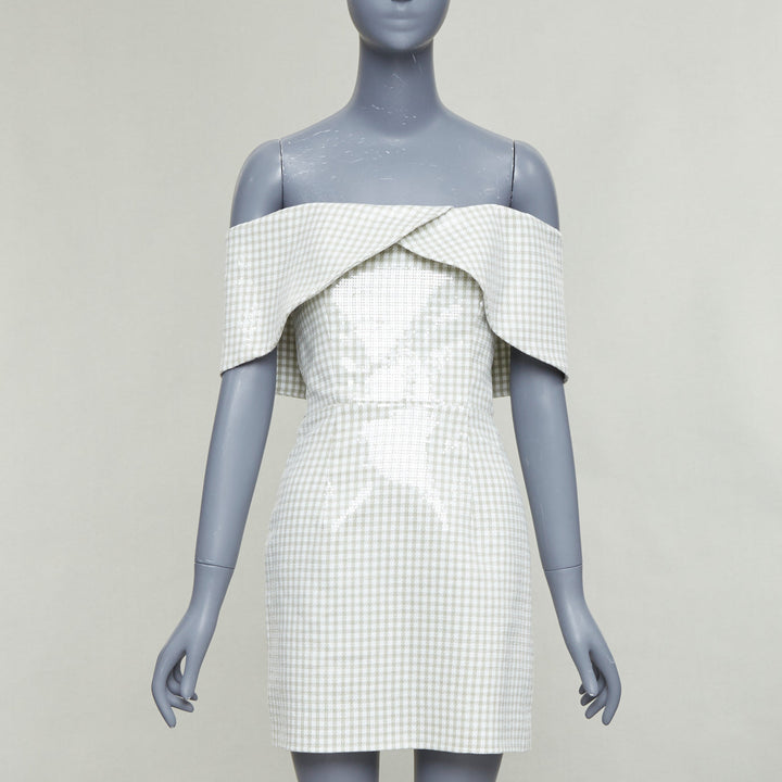 MARKARIAN Runway Regina green white sequin gingham cold shoulder dress US0 XS