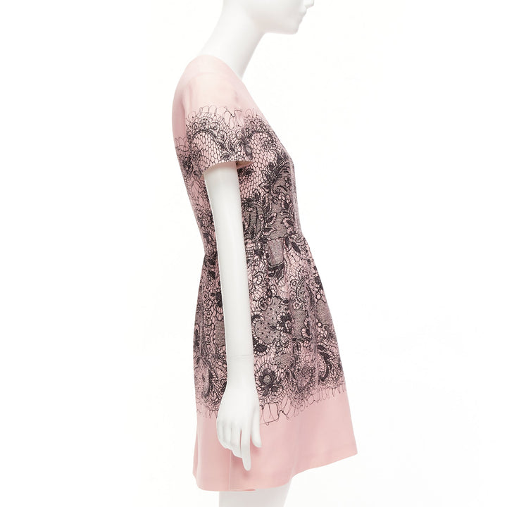 VALENTINO pink virgin wool silk black scribble lace tromp loeil dress IT40 S