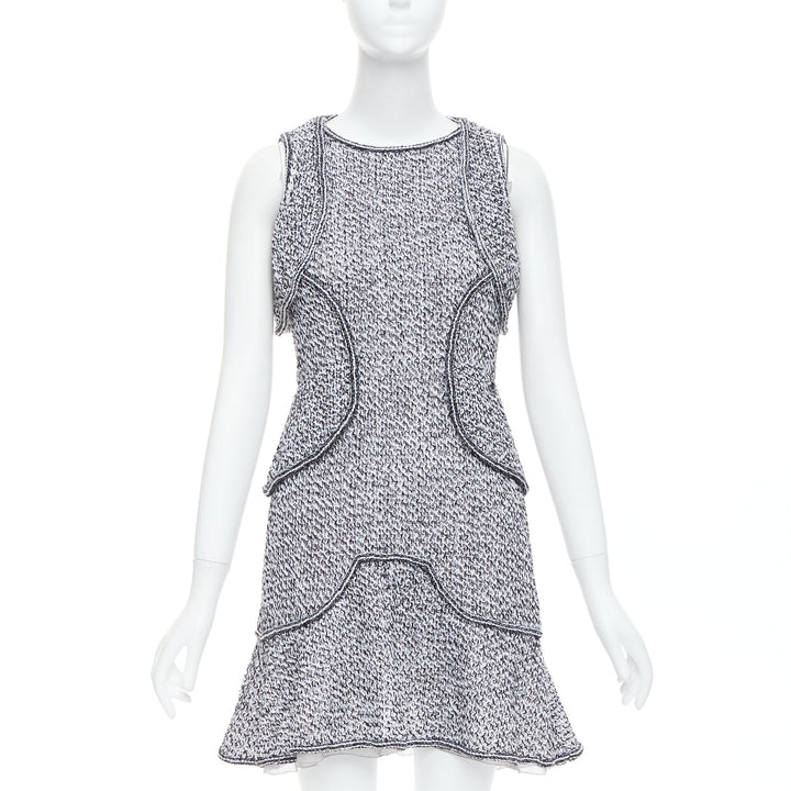 CHANEL 2015 Runway grey cotton tweed CC button ruffle dress FR36 S