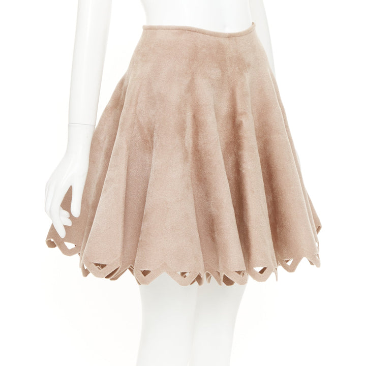 ALAIA nude beige wool velour laser cut hem flared skater skirt FR38 M