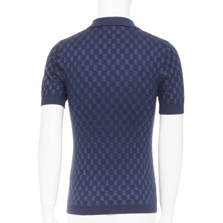 LOUIS VUITTON navy cashmere silk Damier checked knit polo shirt S