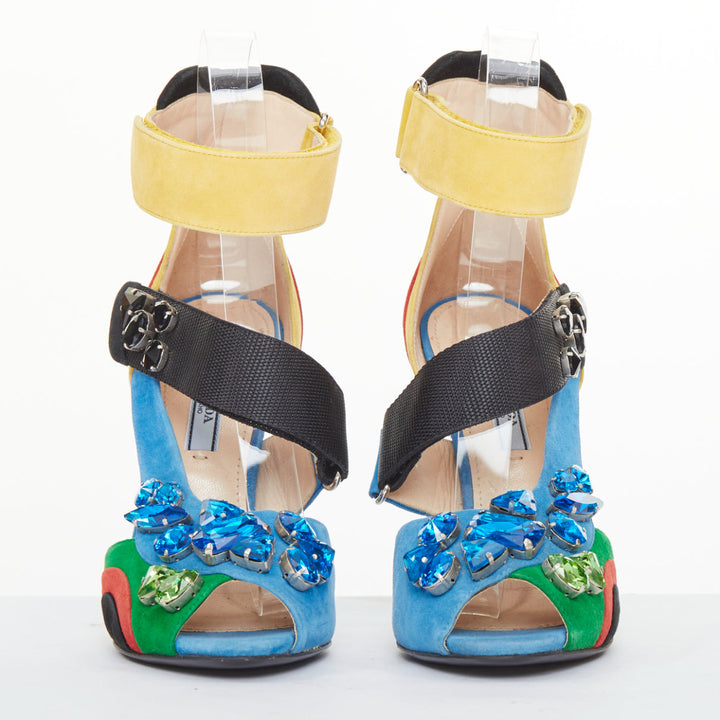 rare PRADA 2014 Runway asymmetric jewel colorblock suede heel sandals EU38 US8