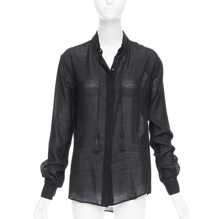 SAINT LAURENT 2018 black semi sheer wool blend YSL rope blouse FR34 XS