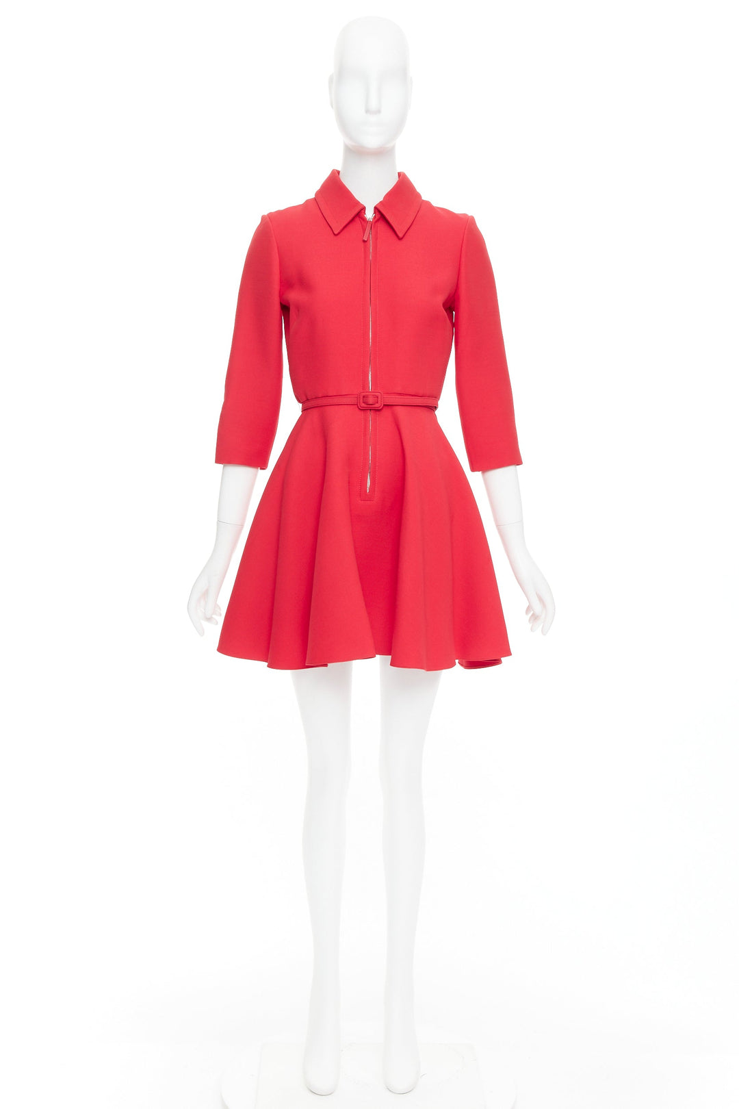 CHRISTIAN DIOR 2019 red wool silk half zip belted flare dress FR36 S