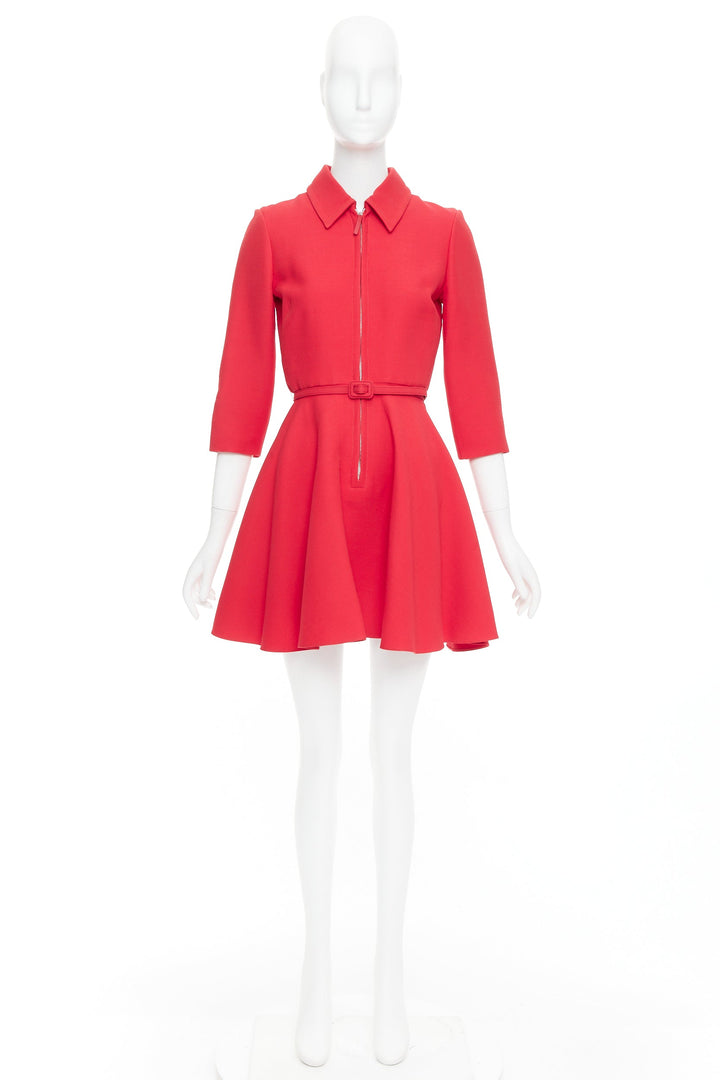 CHRISTIAN DIOR 2019 red wool silk half zip belted flare dress FR36 S