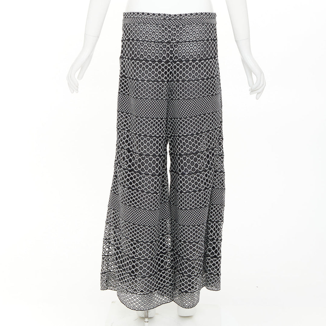 CHANEL black white geometric honeycomb guipure crochet knit wide pants FR42 XL