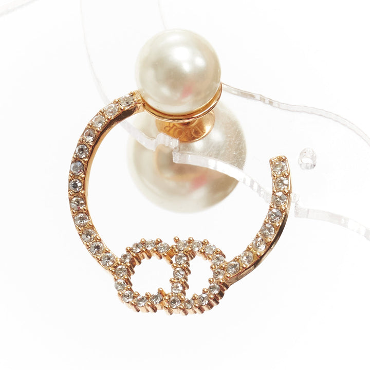 DIOR Tribales gold metal crystal pave CD orbital faux pearl pin earrings pair