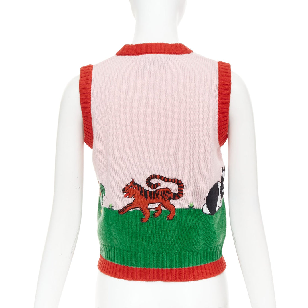 GUCCI 2017 pink green farmyard animal intarsia wool knit sweater vest XS