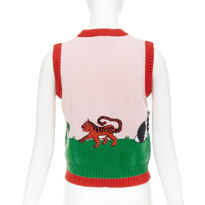 GUCCI 2017 pink green farmyard animal intarsia wool knit sweater vest XS