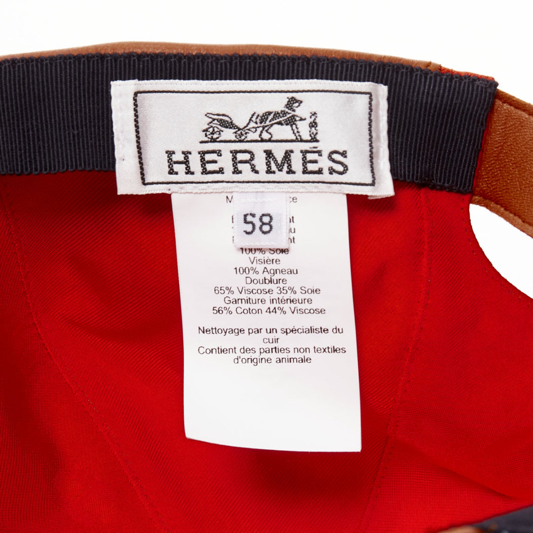 HERMES brown lambskin leather navy orange cotton silk scarf patch cap 58cm