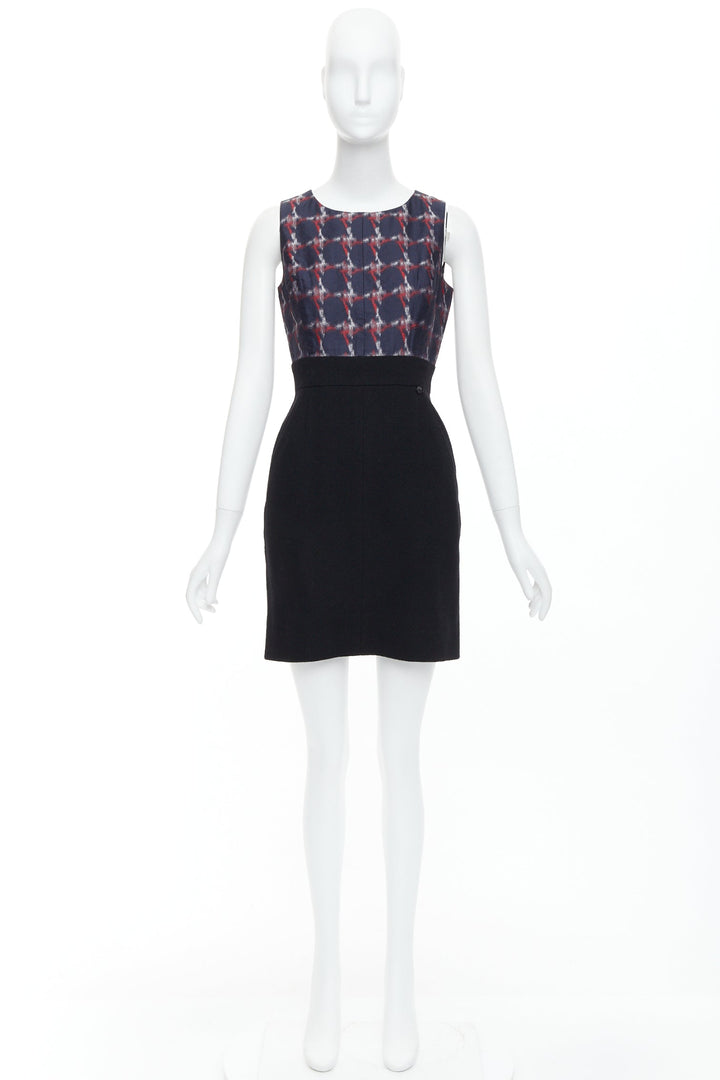 CHANEL 08A Paris-Venice navy red houndstooth print wool silk shift dress