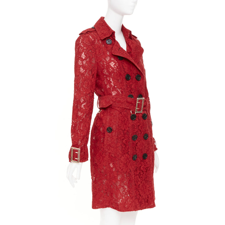 BURBERRY 2016 Kensington red floral lace belted double breasted trench coat