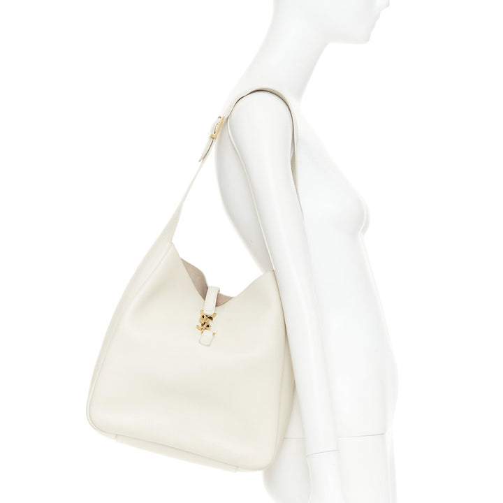 SAINT LAURENT 2024 Le 5 a 7 off white calfskin YSL logo Large hobo tote bag