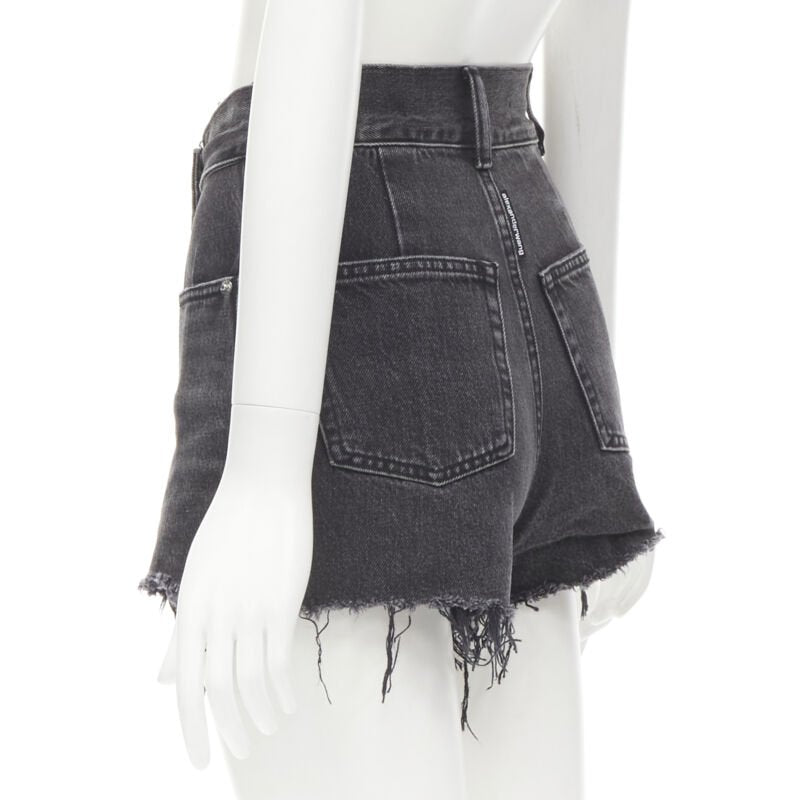 ALEXANDER WANG black washed denim silver buckle cut off frayed shorts 24"