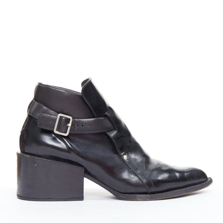 JIL SANDER black leather silver buckle block heel ankle boots EU38