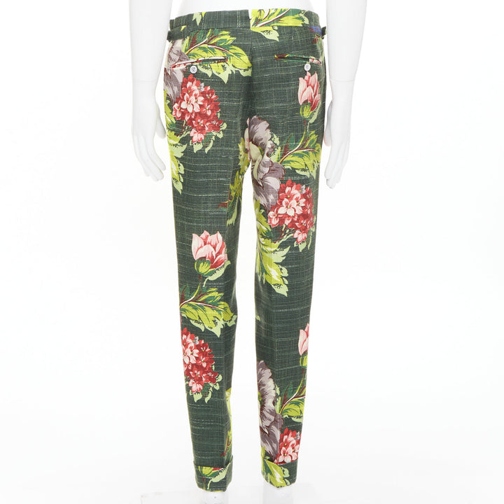 TOM FORD green pink cotton silk floral print slim tailored trousers IT48 M