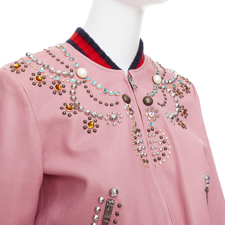 GUCCI pink lambskin pearl embellished web trim crop bomber IT40 S