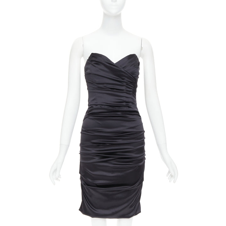 DOLCE GABBANA black silk blend angular bust rushed cocktail dress IT40 S