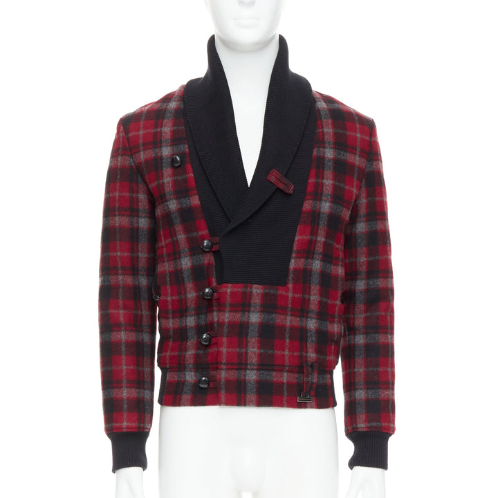 KRIS VAN ASSCHE red black virgin wool checkered cotton trim bomber IT46 S