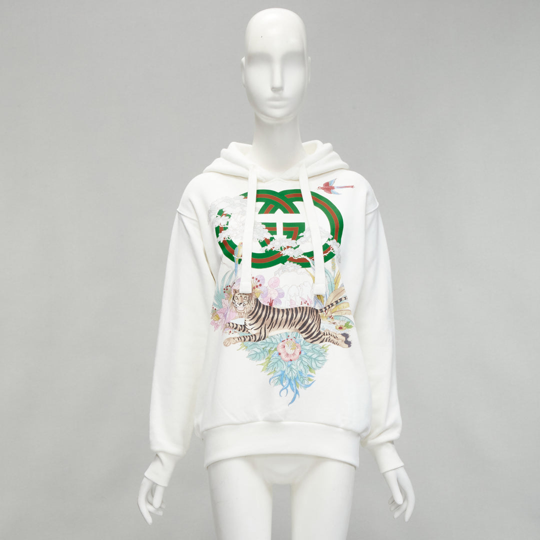 GUCCI Alessandro Michele 100% cotton white logo tiger floral print hoodie 3XS