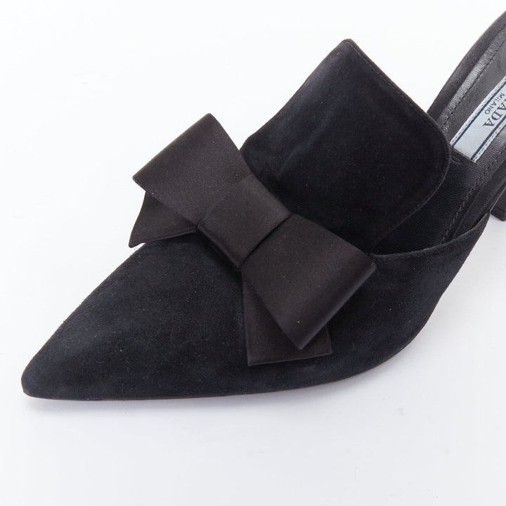 PRADA black satin bow front suede leather pointy mules EU39