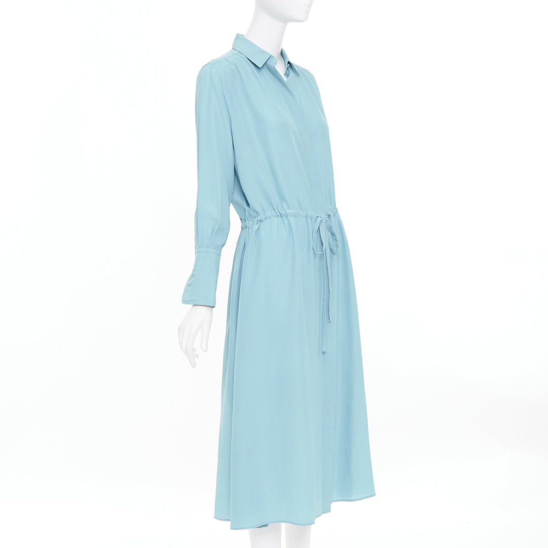 JOSEPH powder blue silk drawstring waist long sleeve button shirt dress FR34 XS