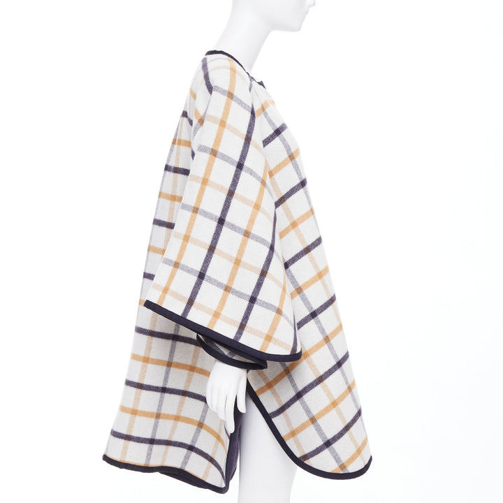 HERMES 2025 Camail Reversible navy cream checked cashmere crew cape poncho