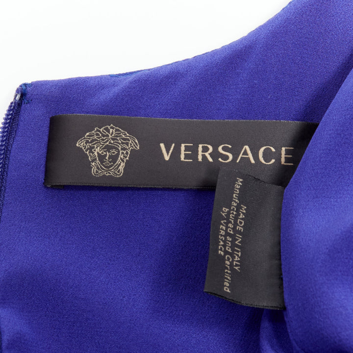 VERSACE 2012 royal blue Byzantine Cross print yellow leather waist shift dress