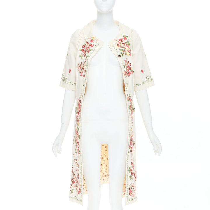 KENZO cream pink floral embroidery cotton peter pan coat dress FR38 M