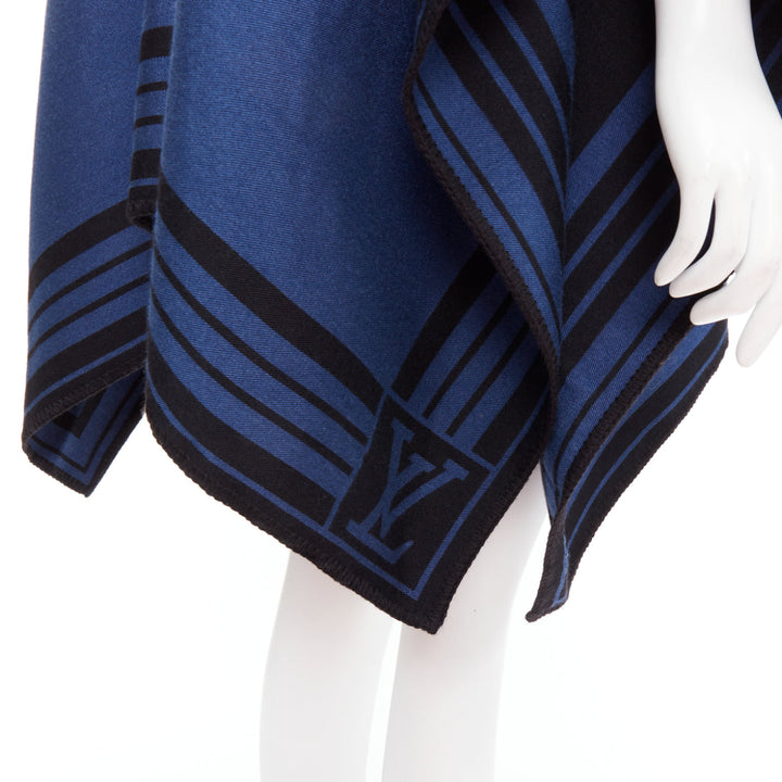 LOUIS VUITTON blue cashmere blend black leather tassel LV logo poncho