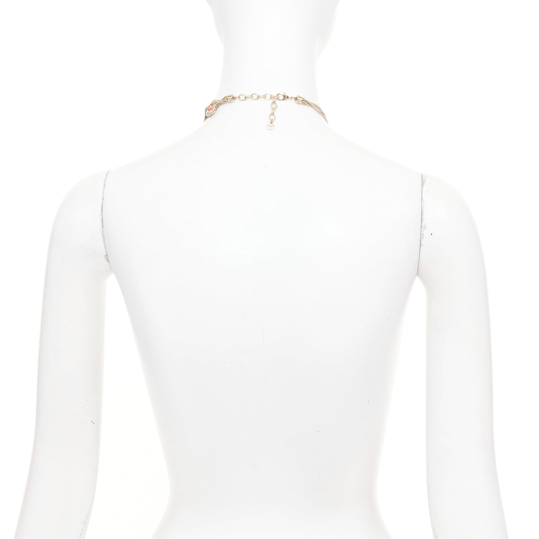 CHANEL A16P gold tone Camellia floral pearl fringe CC station sautoir necklac