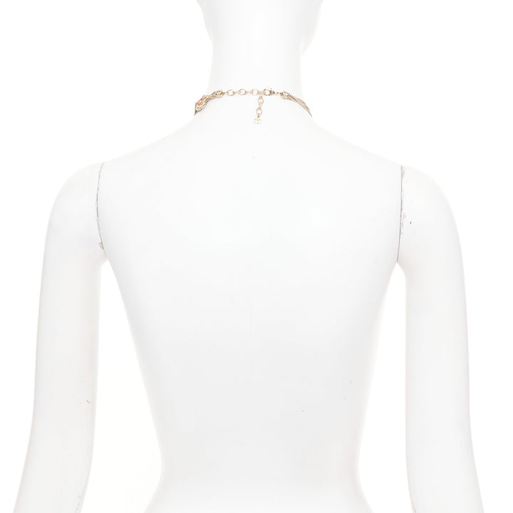 CHANEL A16P gold tone Camellia floral pearl fringe CC station sautoir necklac
