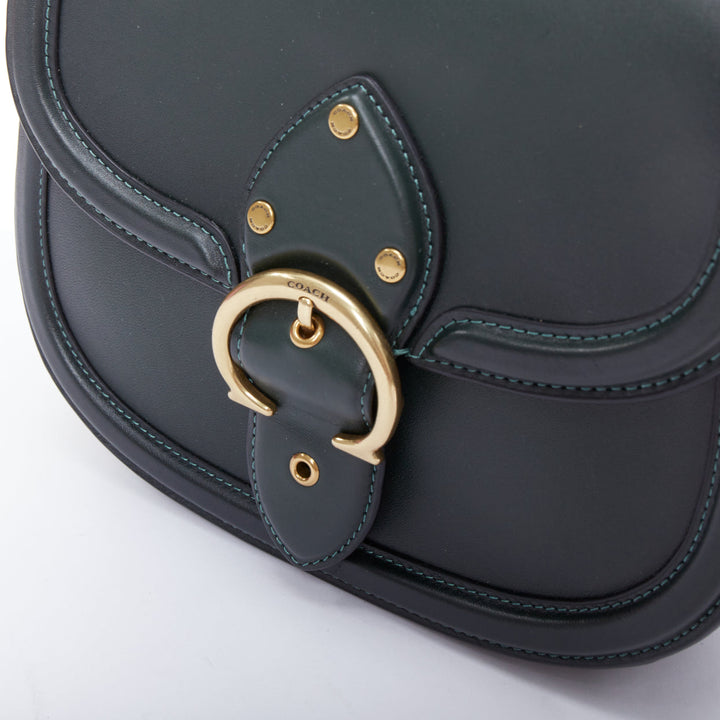 COACH Beat Saddle gold C buckle olive green leather horsebit clutch bag