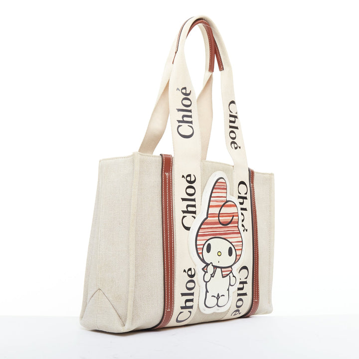 rare CHLOE My Melody Sanrio Woody beige canvas cream red leather patch tote bag