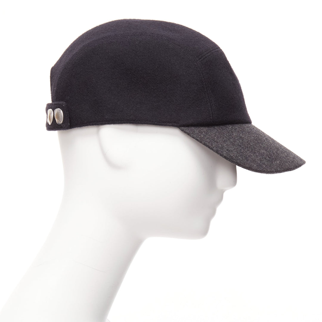 HERMES navy grey 100% virgin wool 4 panels logo snap button cap Sz.38