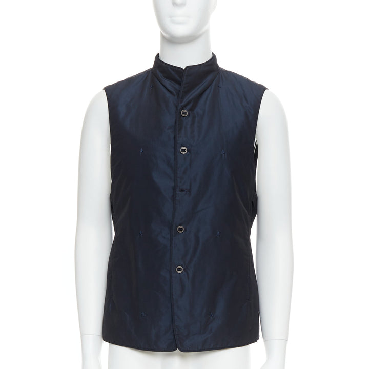 Male mannequin wearing Shiatzy Chen Navy Polyester Men Vest in Size IT46 | Available at JHROP