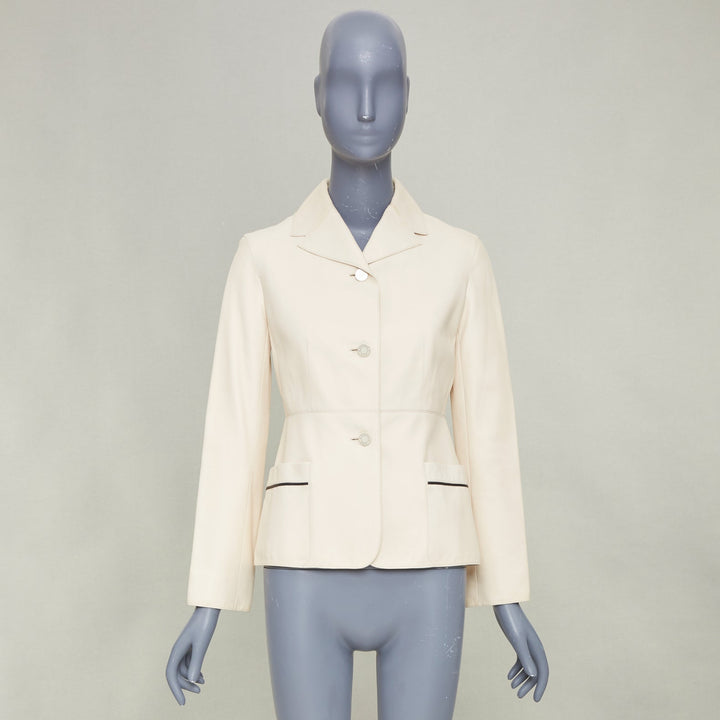 HERMES 2021 Equestrian ivory cream washed lambskin leather fitted jacket FR34 XS