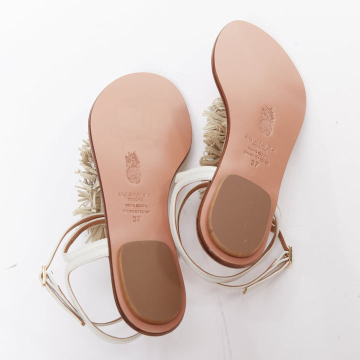AQUAZZURA off white fringe trim T bar strap flat sandals EU37