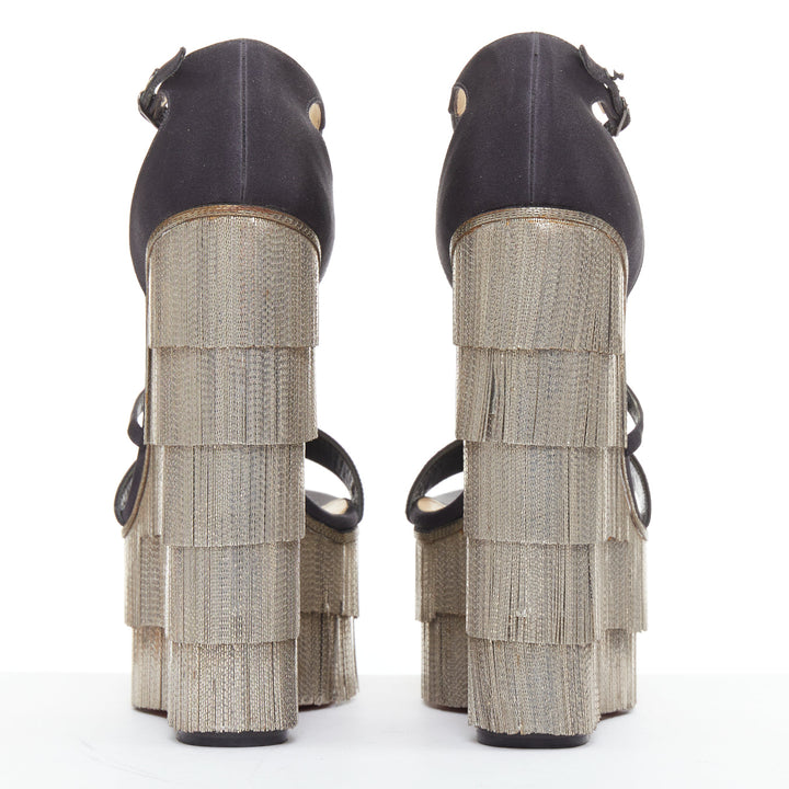 rare CHRISTIAN LOUBOUTIN Foxtrottissima 160 silver chain fringe wedges EU38
