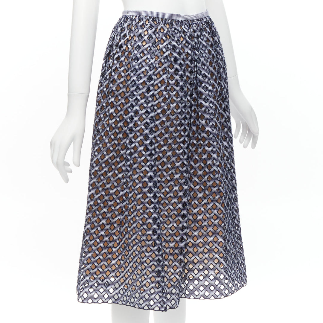 MICHAEL KORS COLLECTION blue beige cotton lattice cut out A-line skirt US0 XS