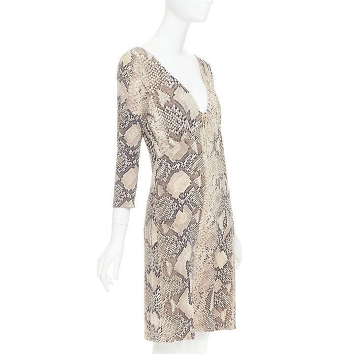 ROBERTO CAVALLI Vintage scaled leather print lace detail V neck dress IT42 M