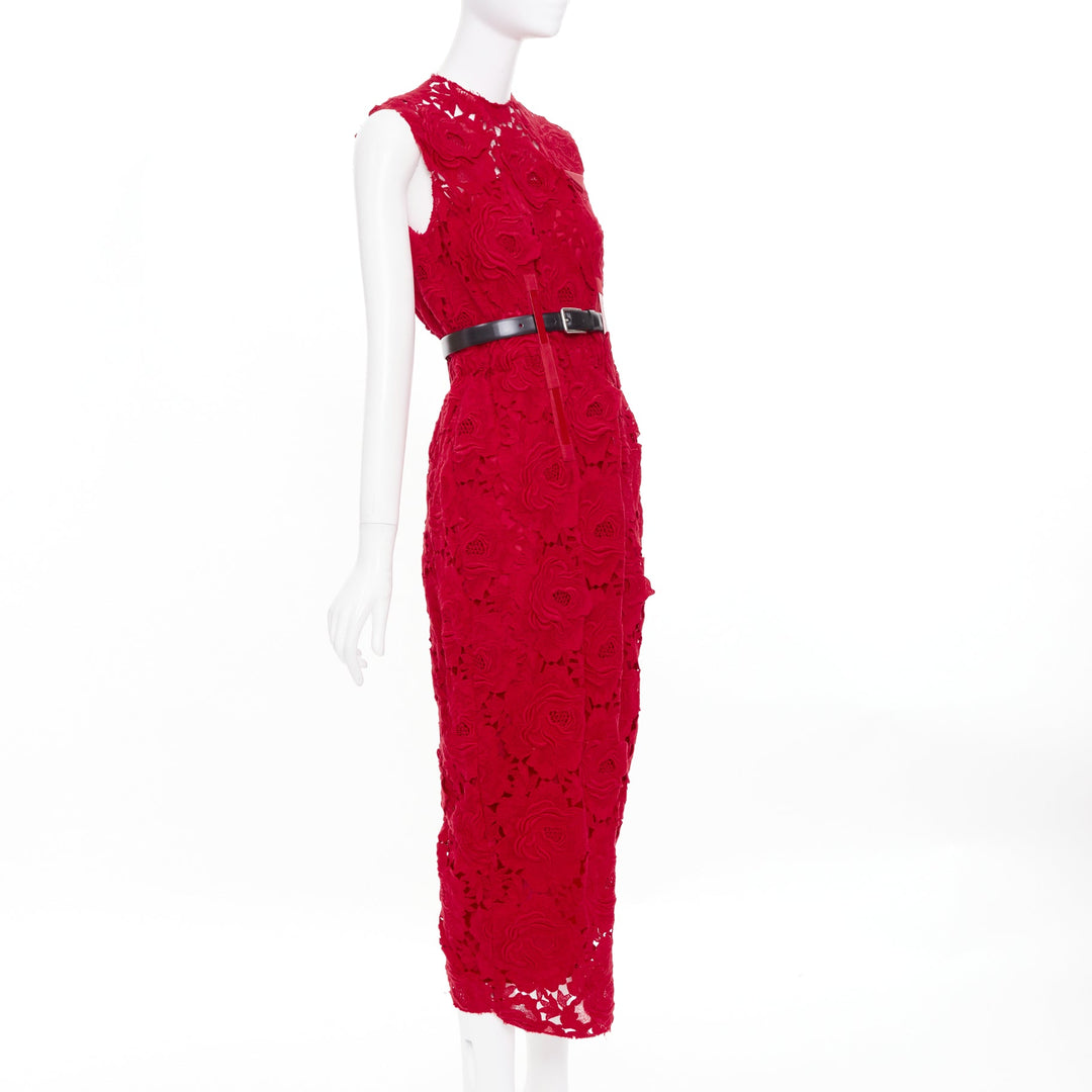 PRADA 2022 Runway red rose blooming guipure lace open back sheath dress IT40