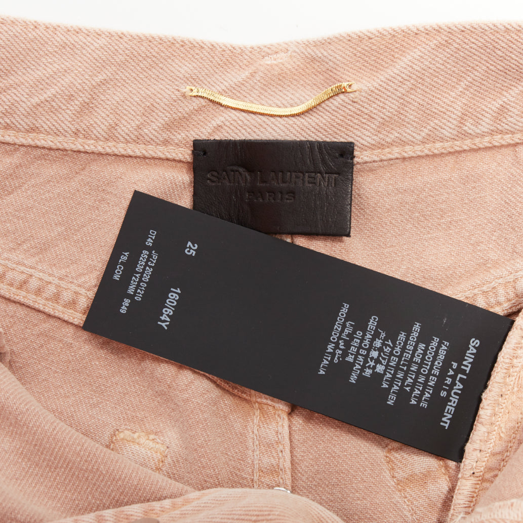 SAINT LAURENT 2020 dusty pink washed denim logo tag flared shorts 25"