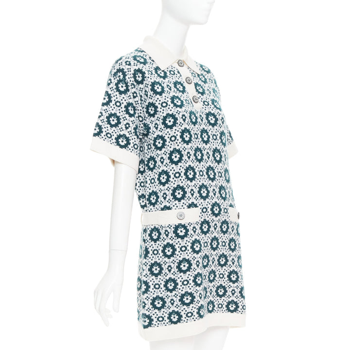 CHANEL 2016 100% cashmere knit green mosaic CC button polo dress FR38 M