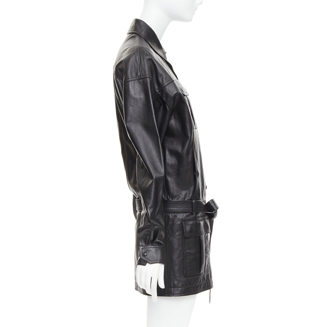 SAINT LAURENT 2018 black lambskin leather low waist safari shirt dress FR36 S
