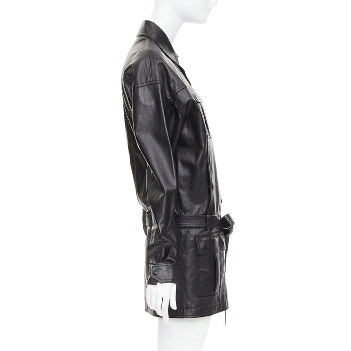 SAINT LAURENT 2018 black lambskin leather low waist safari shirt dress FR36 S